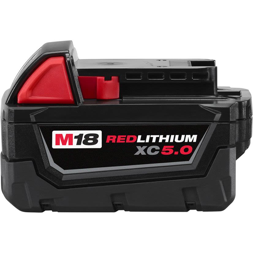 Milwaukee M18 REDLITHIUM 48-11-1850 Rechargeable Cordless Battery Pack, 5 Ah Li-Ion Battery, 18 V DC Charge, For Use With M18 Cordless Power Tool